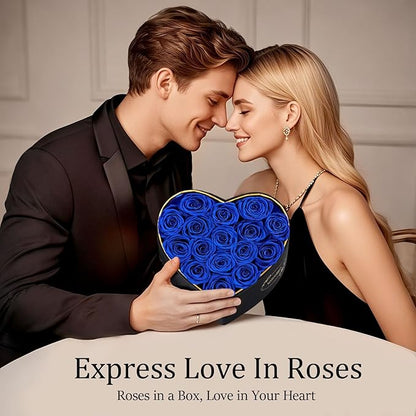 16 Preserved Roses in Heart Shape Gift Box for Her - Forever Flowers for Delivery, Eternal Rose Mothers Gifts for Mom, Wife Anniversary Birthday Gifts for Women, Blue