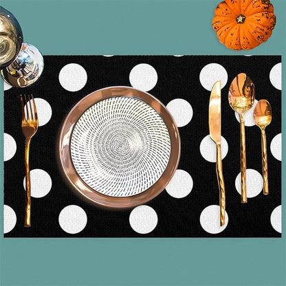 Black White Polka Dot Placemats Set of 4 PVC Vinyl Non Slip Table Mats Waterproof Heat Resistant Place Mats Washable Wipeable Dining Table Mat for Kitchen Party Farmhouse Indoor Outdoor Decorative