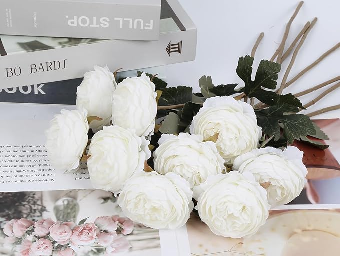 IPOPU 10pcs White Peonies Artificial Flowers Real Touch Silk Peonies with Stems Fake Peony for DIY Wedding Bouquets Bridal Shower Centerpieces Arrangements Party Tables Decorations
