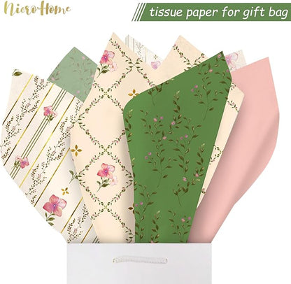 NICROHOME EUR 24 Sheets Floral Tissue Paper, Sage Green and Pink Small Tissue Wrapping Paper for Gift Bags, Birthday, Wedding, Flower Bouquet, Bridal Shower, Christmas Gift Tissue Paper 15x20Inch