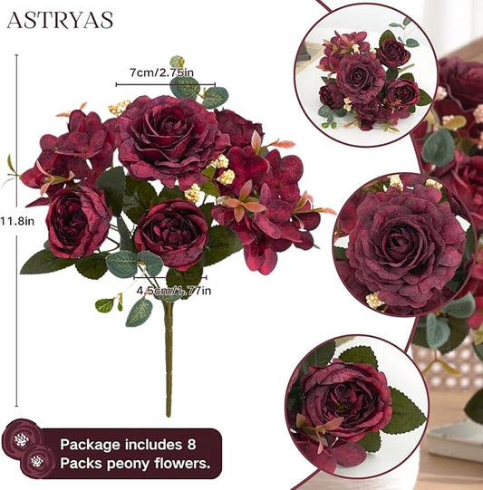ASTRYAS 8Pcs Artificial Peonies Silk Flowers Fake Peony Bouquet Faux Peonies Flowers Bulk for Decoration Vase Florals Arrangements Wedding Home Party Table - Burgundy Red