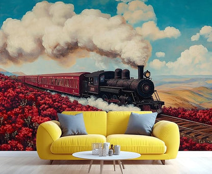 Vintage Train Wall Mural, Steam Engine Landscape 3D Wall Murals, Train Through Flower Field Wallpaper Mural, for Living Room Bedroom Large Wallpaper Indoor Decor 177.16" W x120 H
