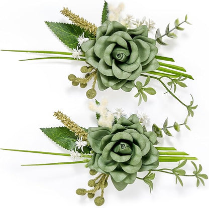 Serwalin Set of 2 Boutonniere for Men, 6-7inch Corsage Groom Groomsman Best Man Boutonnieres for Wedding Prom Ceremony Anniversary Party Cake Topper, Green