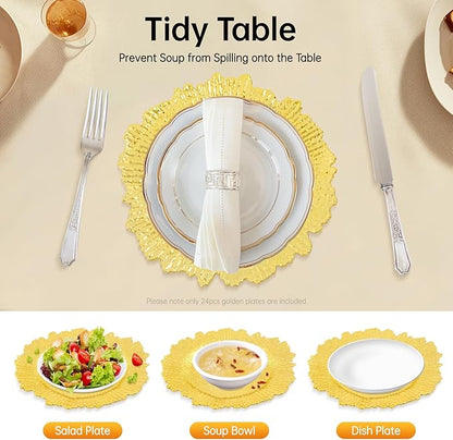 24 Pcs Gold Charger Plates Bulk, 13" Reef Plate Chargers for Dinner, Round Plastic Floral Table Charger Plates for Table Setting, Wedding, Christmas, Party, Event, Decoration