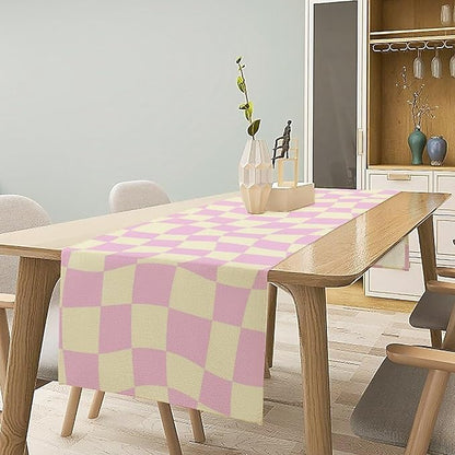 Hippie Table Runner Retro Geometric Square Purple Grid 60s70s Style Kitchen Restaurant Decoration for Indoor and Outdoor Wedding Party Table Runner 13x36 Inch