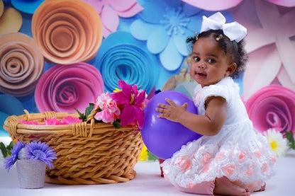 Colorful Flowers Paper Wall Photography Background 8x6FT Lovely Style Champagne Blue Pink Blossoming Flower Backdrops Portraits Shooting Video Studio Props