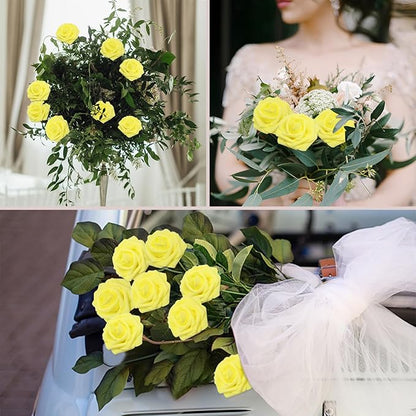 200PCS Yellow Artificial Flowers Roses Real Looking Foam Fake Roses with Leaves for DIY Wedding Bouquets Bridal Shower Party Decorations (Yellow, 200)