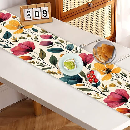 Watercolor Floral Table Runner – Elegant Red, Blue & Purple Blooms on Beige, 13x72 Inch Linen-Look Fabric for Dining Table, Kitchen, Spring & Summer Home Decor, Everyday Use