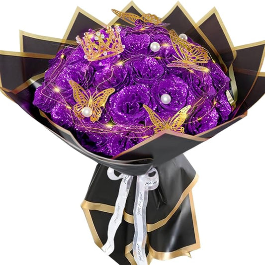 Purple Glitter Roses Bouquet, 24 Pcs Shiny Glitter Flowers Bouquet, Everlasting DIY Artificial Roses Bouquet for Christmas, Birthday, Anniversary, Wedding, Engagement,Mothers Day,Gifts