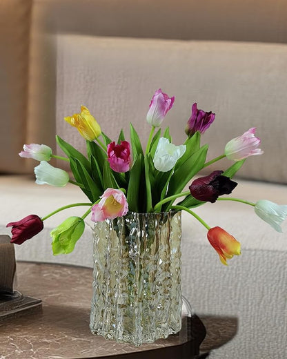 12pcs Tulips Artificial Flowers Real Touch Silk Faux Flowers Tulip Stems for Wedding Spring Bouquet Floral Arrangement Home Party Office Decorations (White Pink red Orange Green Yellow)