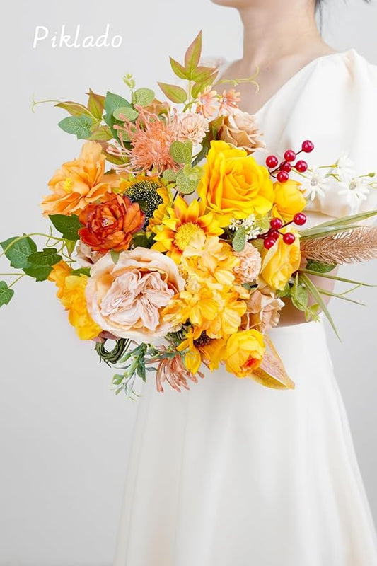 Artificial Flower Combination Box Set Artificial Flower Loose Leaves and Stems DIY Wedding Center Bouquet Bride Wedding Baby Shower(Orange Yellow)