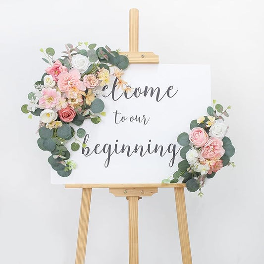 2pcs Wedding Arch Flowers,Wedding Artificial Sign Flower,Welcome Easel Door Decor Wall swags for Reception Backdrop Table Decorations Welcome Sign (Deep Pink)