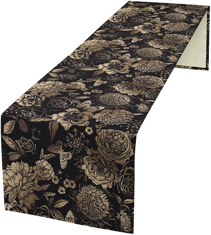 Gold Black Floral Table Runner, Vintage Peony Flower Blossom Butterfly Rustic Plant Leaves Gothic Dark Floral Table Runner for Farmhouse Cottage Kitchen Dining Table Decor, 13x108inch