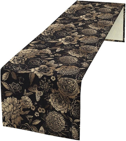 Gold Black Floral Table Runner, Vintage Peony Flower Blossom Butterfly Rustic Plant Leaves Gothic Dark Floral Table Runner for Farmhouse Cottage Kitchen Dining Table Decor, 13x36inch
