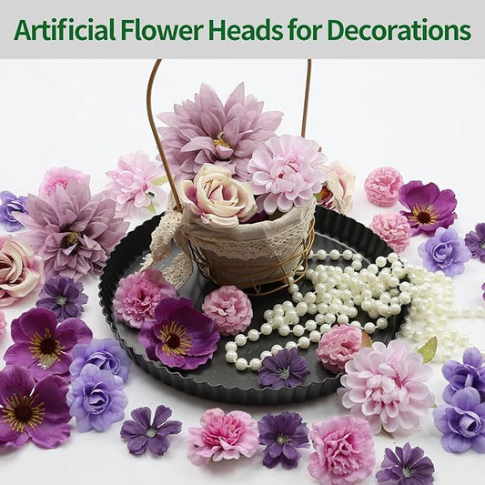 56 PCS Fake Flowers Heads Artificial Purple Silk Flower Heads Bulk Faux Mini Flowers for Cake Blossom Wreath Wedding Bridal Party DIY Home Decoration