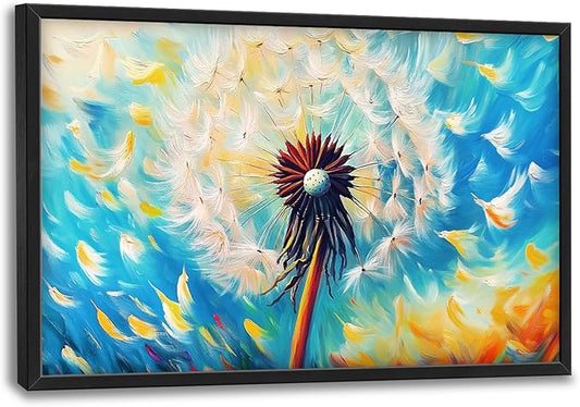 Extra Large Abstract Dandelion Framed Wall Art for Living Room,Oversized Colorful Dandelion Flower Pictures Wall Decor,Blue Canvas Print Painting Modern Artwork Bedroom Office Bathroom 36L x 24W