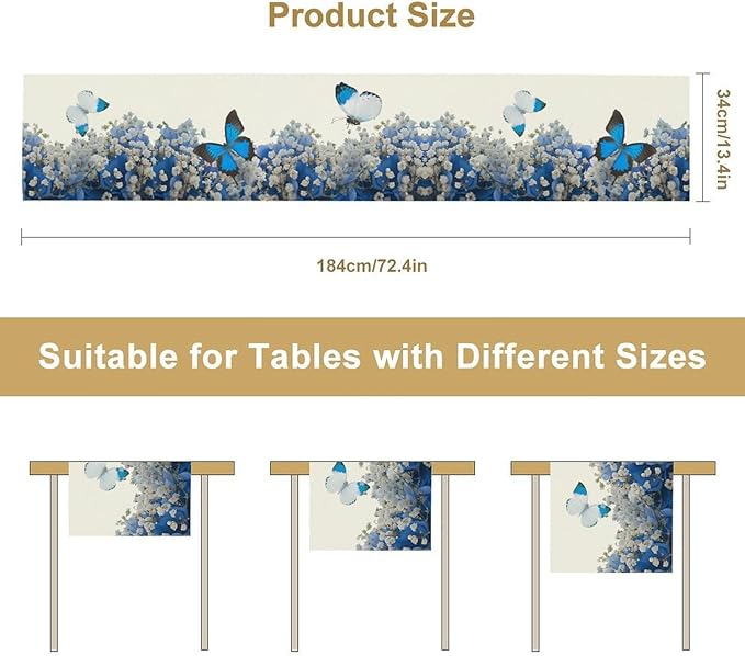 Butterfly Floral Table Runner, Blue White Hydrangea Flowers Bloom Spring Garden Theme Table Runner for Kitchen Dining Holiday Party Wedding, 13x90 Inch