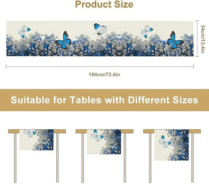 Butterfly Floral Table Runner, Blue White Hydrangea Flowers Bloom Spring Garden Theme Table Runner for Kitchen Dining Holiday Party Wedding, 13x108 Inch