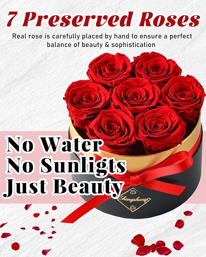 Forever Flowers Preserved Roses in a Box - 7 Preserved Flowers in a Box Last 2-3 Years, Rose Forever Birthday Flower Gifts for Women Her Wife Anniversary Mothers Rose Gift for Her