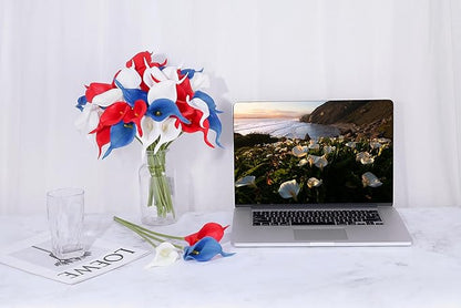 SITUMEIZI 24 PCS 4th of July Flowers Artificial Calla Lily Fake Silk Patriotic Flowers Real Touch for Independence Day Home Kitchen Decor Table Centerpiece Decoration(Mix,3)