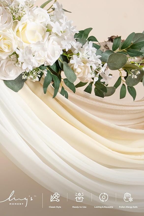 Ling's Moment Wedding Arch Draping Fabric 3 Panels 20Ft Beige Chiffon Fabric,Sheer Hanging Drapes Arrangement for Wedding Ceremony Backdrop Outdoors Party Swag Home Decor (Cream & Nude & Ivory)