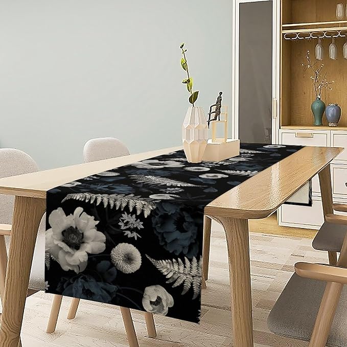 Vintage Floral Table Runner,Gothic Blue White Retro Floral Plant Print Table Runner for Home Kitchen Table Dining Indoor Outdoor Party Decor 13x36 Inch