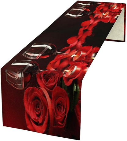 Red Wine Rose Table Runner Romantic Festival Candle Red Rose Dinner Runner for Farmhouse Cabin Home Kitchen Dining Holiday Wedding Party Decor 13x36in