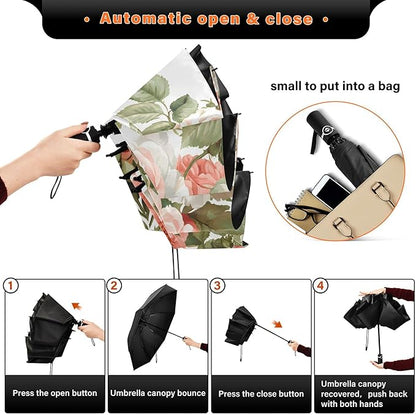 Automatic Folding Umbrella Windproof Strong, UV Protection Compact Floral Hydrangea Hummingbird Sun Rain Sun Rain Travel Umbrellas for Women Men