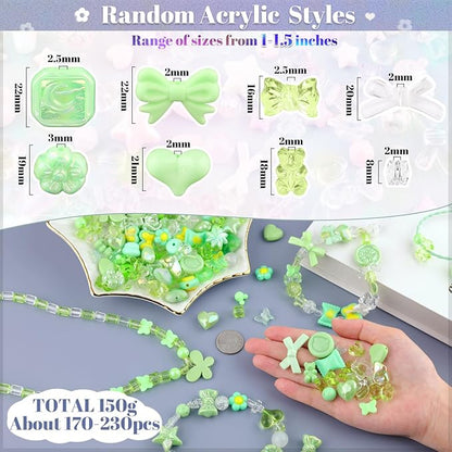 Assorted 200-260PCS Green Acrylic Beads for Bracelet Making, Flower Bow Candy GummyBear Bracelet Charms,Cute Beads for Jewelry Making DIY Necklace Keychain Phone Charm Christmas Gift