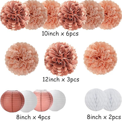 Rose Gold Paper Flowers Tissue Pom Poms Honeycomb Lanterns 15pcs Party Decorations Galentines Birthday Wedding Baby Shower Mothers Day Hanging Supplies Mprocherify