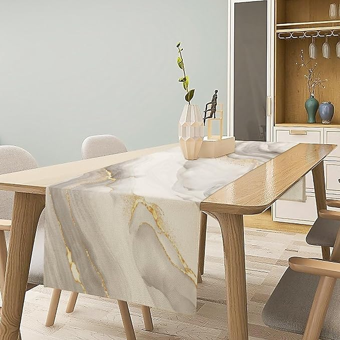 White Grey Marble Table Runner Abstract Modern Luxury Ink Texture Gold Veins Dinner Runner Table Decoration for Home Kitchen Dining Holiday Party 13x108in