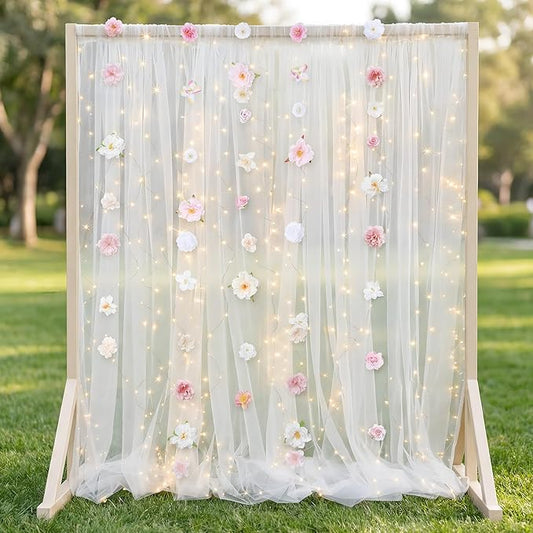 8 Pcs Hanging Flower Garlands White Tulle Backdrop Curtain 10×8ft Sheer Backdrop Curtains Artificial Rose Flowers Hanging Decorations for Birthday Valentines Engagement Wedding Anniversary