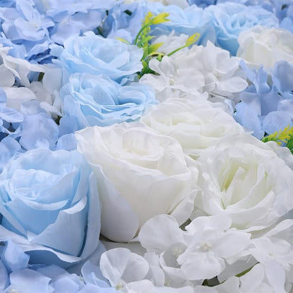 4pcs 3D Artificial Flower Wall Panels - Blue White Backdrop 24 x 16 Inch - Realistic Fake Flower Background Decor for Wedding, Birthday Party and Baby Shower