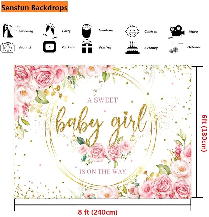 Sensfun Pink Floral Baby Girl Backdrop for Baby Shower Party Decorations Glitter Gold Watercolor Flower It's a Sweet Baby Girls Baby Shower Banner Photography Background Photo Booth Shoot Props 8x6ft