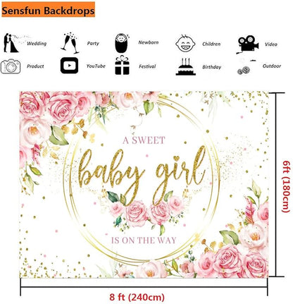 Sensfun Pink Floral Baby Girl Backdrop for Baby Shower Party Decorations Glitter Gold Watercolor Flower It's a Sweet Baby Girls Baby Shower Banner Photography Background Photo Booth Shoot Props 8x6ft