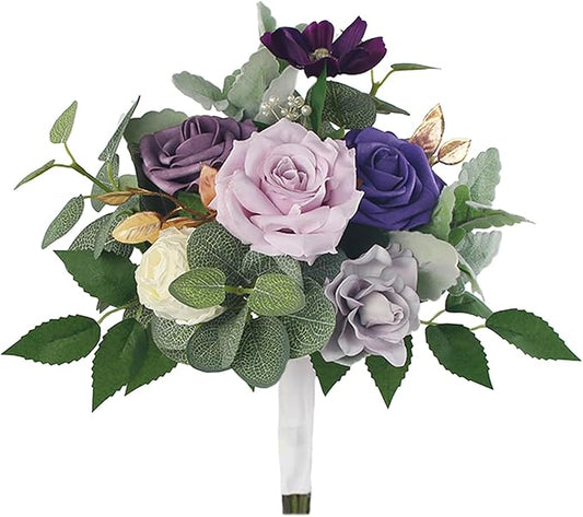 Rinlong 1Pc Purple Bridesmaids Bouquet Artificial Wedding Bouquets for Bridesmaid Silk Bouquet for Wedding Prom Homecoming
