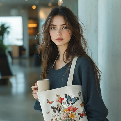 ANATTASOUL Canvas Tote Bag Butterfly Bouquet Reusable Cotton Bag for Women, Durable Cloth Shoulder Bags with Zipper Pockets for Shopping, Vacation, Work, Gym