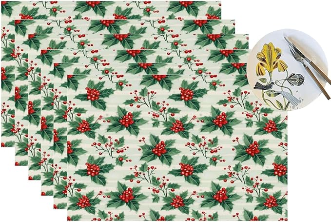 PVC Placemats Set of 6 Wipeable Table Mats Washable Heat Resistant Non Slip Vinyl Dining Table Mat for Kitchen Indoor Outdoor Patio Farmhouse Place Mats Christmas Red Berry Decorative