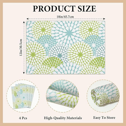 Cotton Linen Waterproof Placemats Set of 4, Blue Teal Flowers Dining Mat Boho Table Mats Decor Fabric for Kitchen Dinner Coffee Shop Table, Indoor/Outdoor Washable Wipeable Placemat -N022