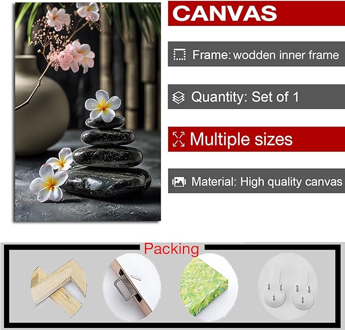 A harmonious black stone stack paired with white and pink flowers bamboo and ceramic vases creates a tranquil Zen decor for minimalist homes and mindful spaces 8x12in Wood Framed