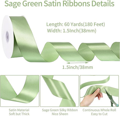 Sage Green Ribbon 1 1/2 Inch 60 Yards Light Green Satin Ribbon Gift Ribbons for Wedding Bridal Shower DIY Crafts Flower Bouquet Birthday Gifts Baskets Decorations