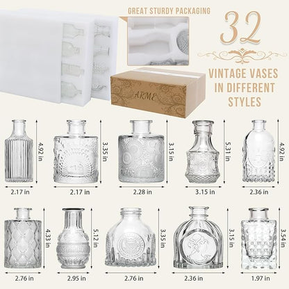 Arme Glass Bud Vase Set of 32 Pcs，Small Glass Vases for Flowers，Clear Bud Vases in Bulk，Vintage Vases for Centerpieces，Small Glass Bud Vase for Rustic Wedding Decorations，Home Table Flower Décor