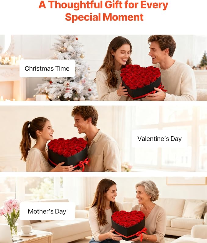VEVOR Forever Flowers, 27 Preserved Roses in a Heart Shape Box, Eternal Flowers Immortal Bouquet Birthday Present for Delivery Prime Women Her Wife Mothers, Anniversary, Valentine's Day,Christmas, Red