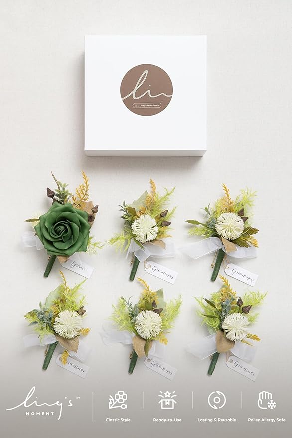Ling's Moment Boutonniere for Men, 6pcs Groom Groomsmen Boutonniere, Artificial Flowers for Wedding Decor/Prom/Homecoming, etc.Emerald Green Beige