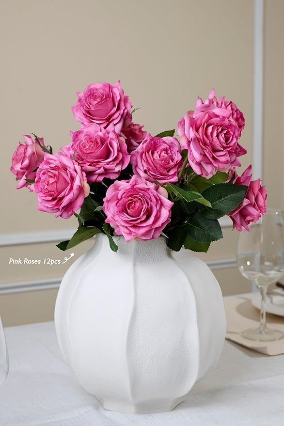 Real Touch Artificial Roses 6pcs, Floyd Roses,17.3”Faux Silk Roses Bouquet for Home Decor, Wedding Centerpieces, Romantic Gifts & Party Arrangements, Fuchsia Realistic Flowers (Pink)