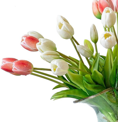 40pcs Artificial Tulips Flowers, Real Touch Latex Bouquet, Fake Tulips for Office Wedding Party Home Kitchen Garden Decoration-B Coral Pink Suit