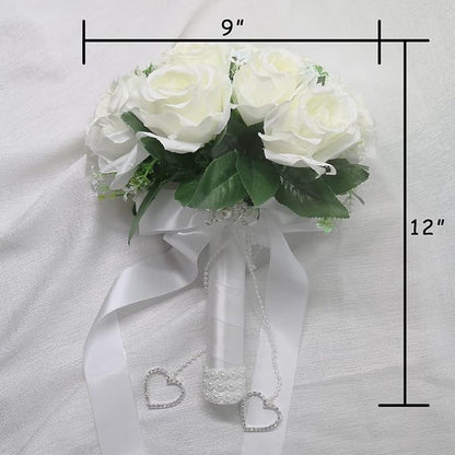 Wedding Bouquets for Bride, White Bridal Bridesmaid Wedding Flowers with Silk Ribbon and Rhinestones, Artificial Toss Rose for Civil Ceremony