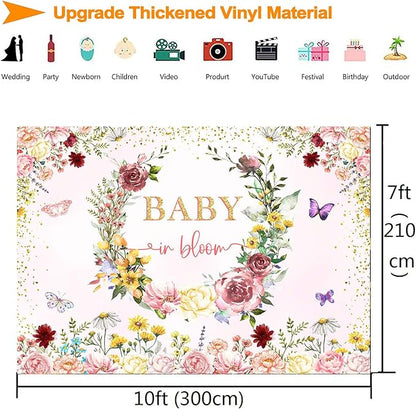 InMemory Baby in Bloom Backdrop Wildflower Baby Shower Decorations for Girl,Pink Wildflowers Baby in Bloom Baby Shower Banner Background Wild Floral BabyShower Party Supplies Photo Shoot Props 10x7ft