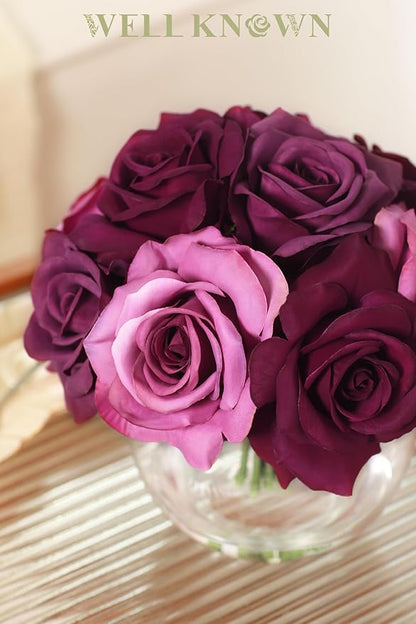 WELL KNOWN Silk Purple and Pink Roses Bouquet in Vase, Artificial Fake Flowers Arrangements in Glass Vase with Faux Water for Home Office Hotel Birthday Wedding Party Table Decoration & Mom's Gift