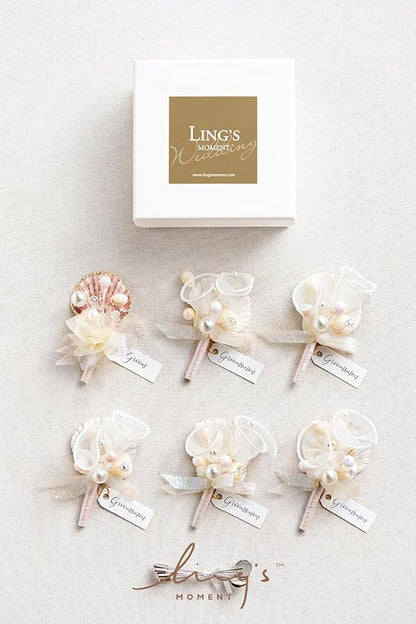 Ling's moment Boutonniere for Men, 6pcs Groom Groomsmen Boutonniere, Artificial Flowers for Wedding Decor/Prom/Homecoming, etc.Cream Blush